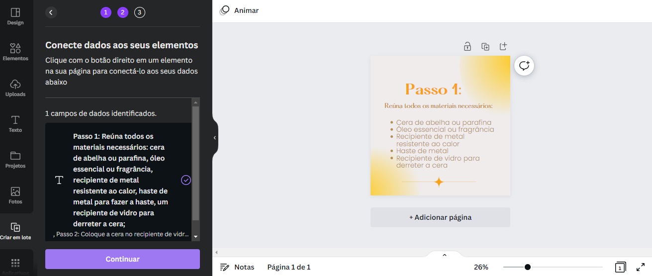 Sexto passo para criação de conteúdo na ferramenta Canva, texto colado na arte