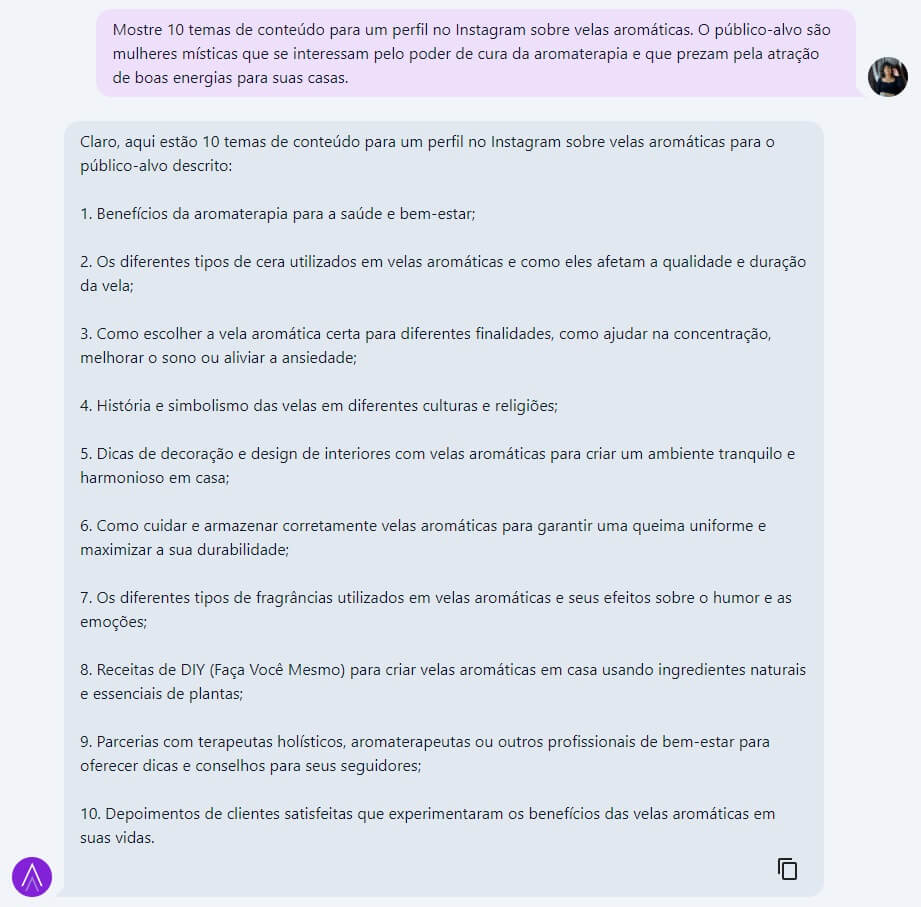 Print ChatSEO com recomendações de temas para instagram de velas aromáticas