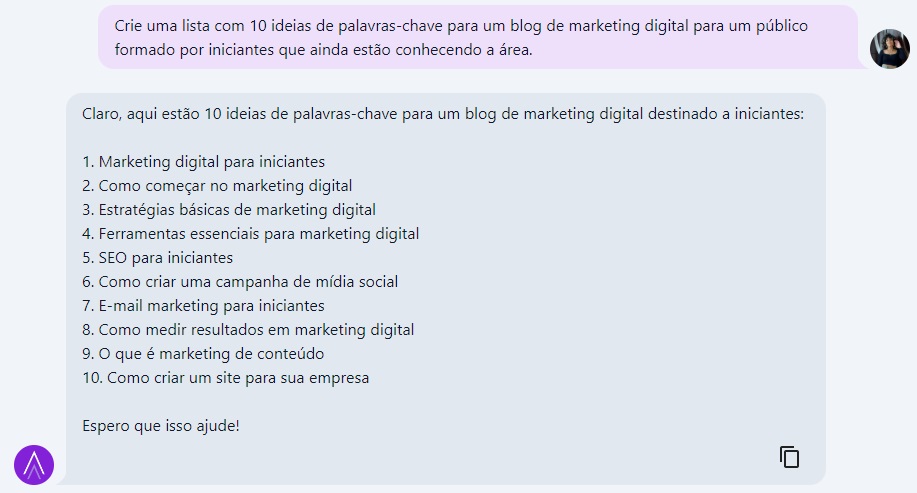 ideias de palavras chave sugeridas pela niara