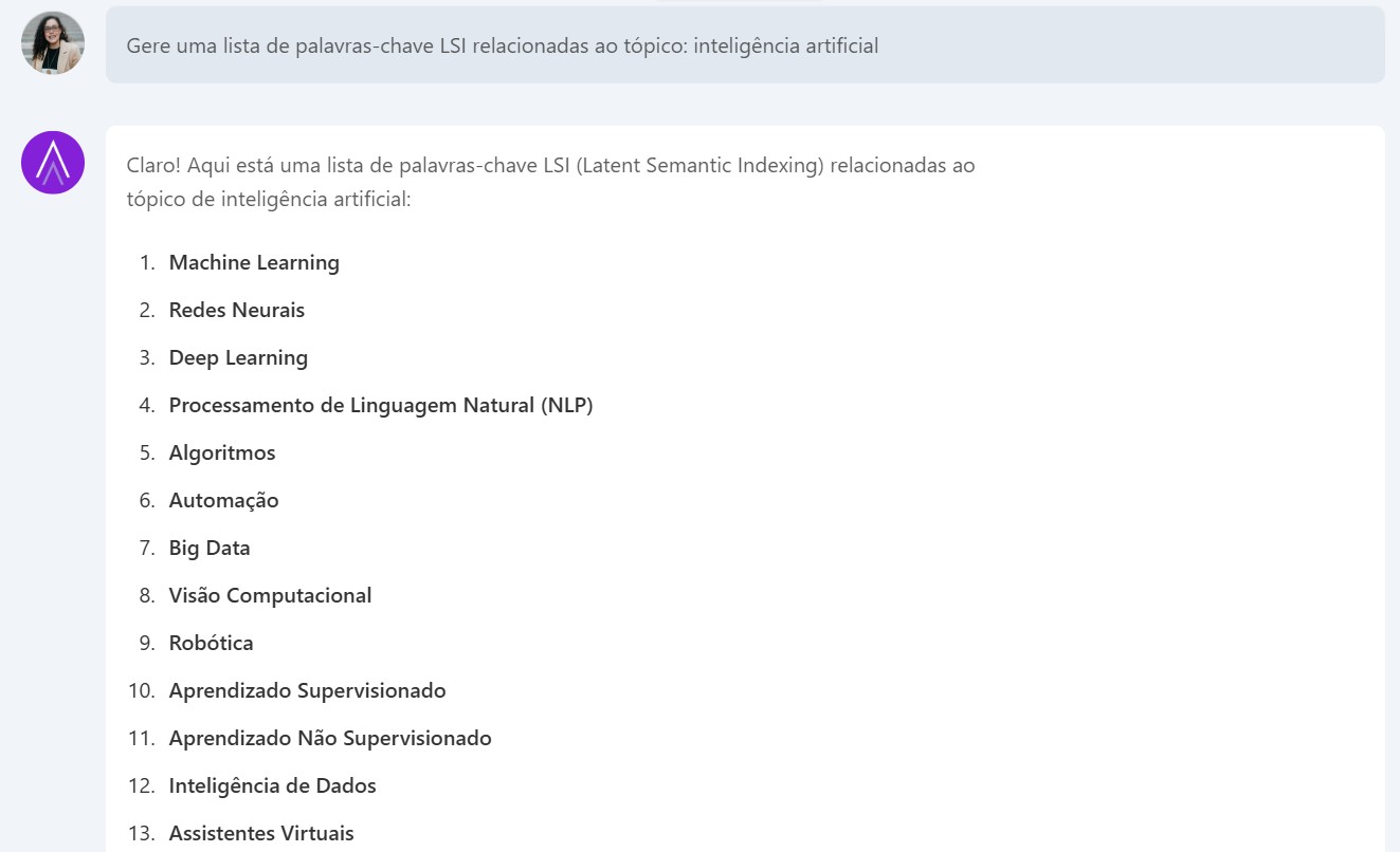 Gere uma lista de palavras-chave LSI relacionadas ao tópico: inteligência artificial