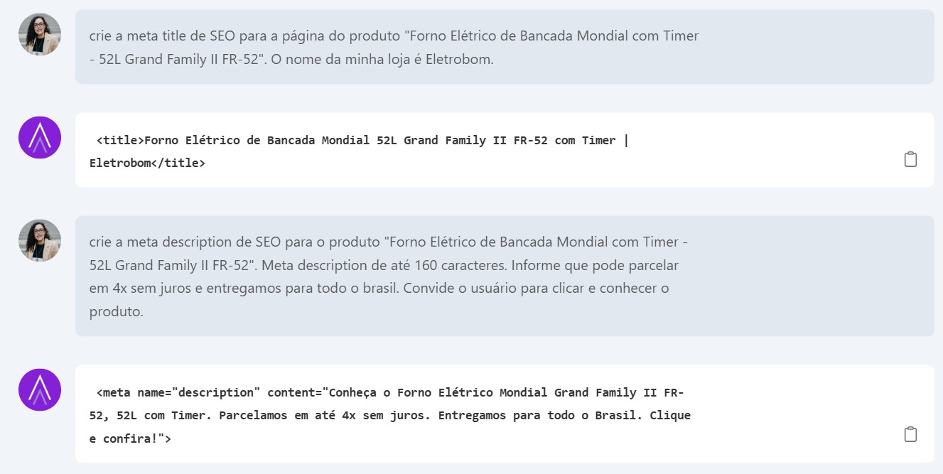 Prompt para title e meta description para página de produto de e-commerce