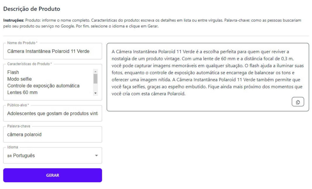 Descrição de produto para câmera polaroid feita no template da Niara