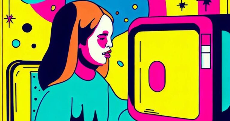 imagem gerada por ia ao estilo do The Memphis Group representando mulher usando computador para trabalhar