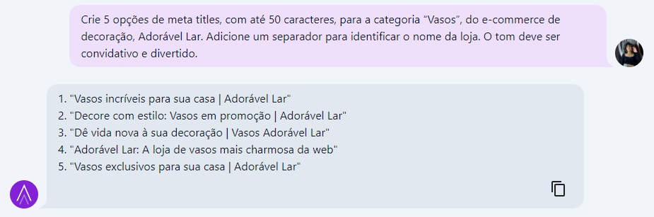 Exemplos de meta titles para e-commerce criados pela niara no ChatSEO