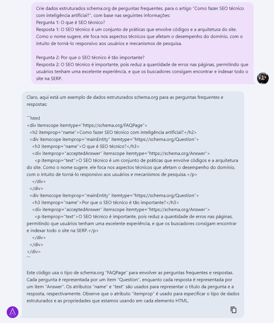 Exemplo de dados estruturados de perguntas frequentes criado pelo ChatSEO