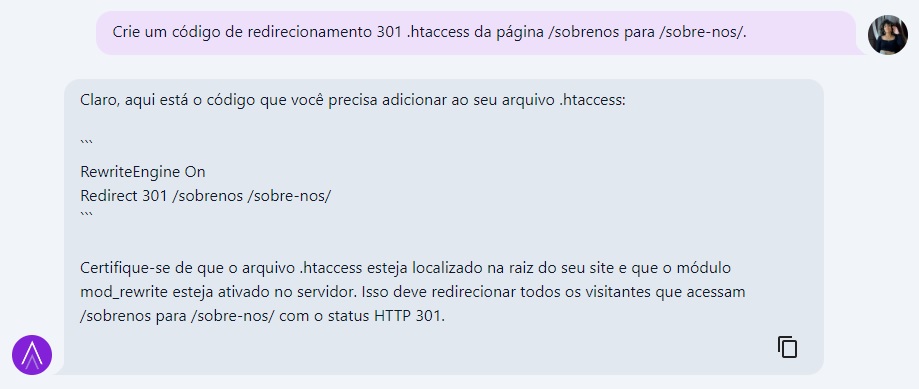 Exemplo de código de redirecionamento htaccess feito no ChatSEO