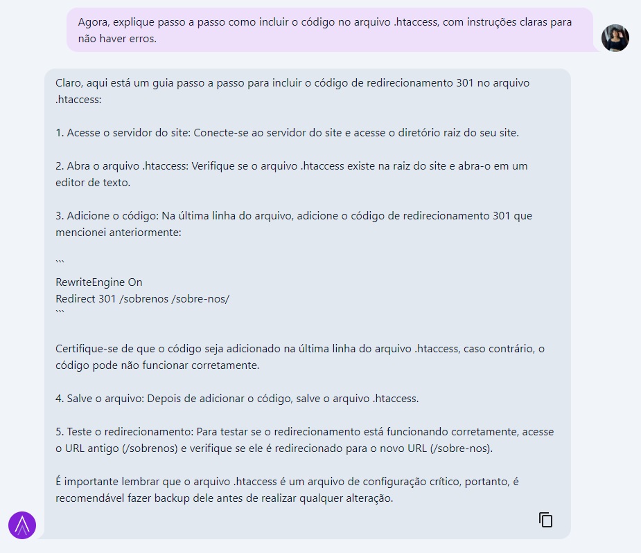 Niara explicando como implementar o código de redirecionamento htaccess