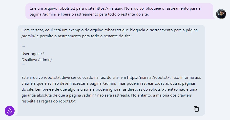 Exemplo de arquivo robots criado pelo ChatSEO