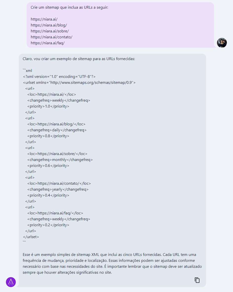 Exemplo de sitemap para SEO técnico criado pelo ChatSEO