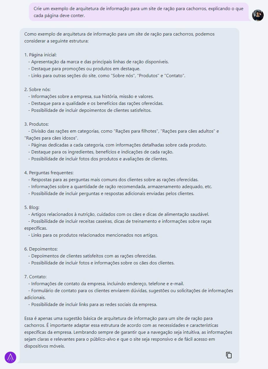 exemplo de resultado no chatseo para arquitetura de site de ração de cachorro