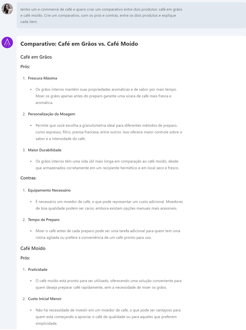 print do resultado do ChatSEO para a solicitação de comparativo de e-commerce.