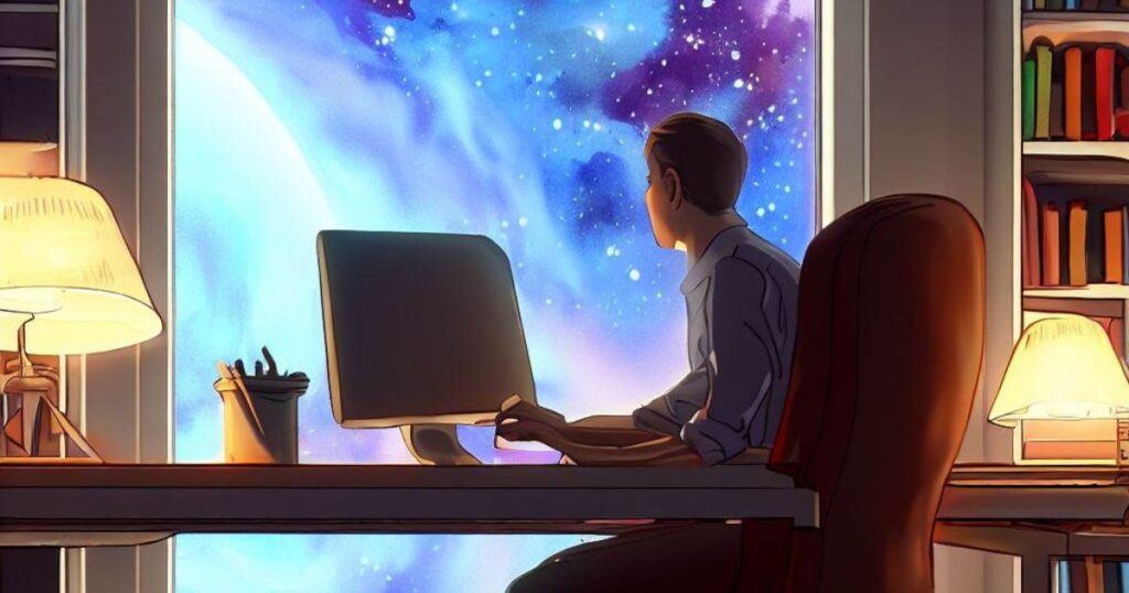 imagem gerada por ia de profissional trabalhando em computador em frente a janela com galáxia