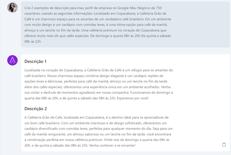print do resultado do ChatSEO para a solicitação de texto de perfil de Google Meu Negócio