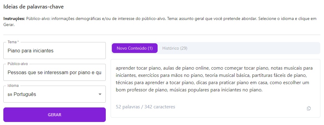 sugestões de palavras-chave no template ideias de palavras-chave da niara
