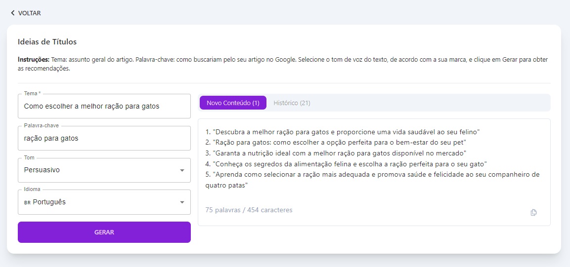 Print do template Ideias de Títulos da Niara com resultados gerados no estilo persuasivo para publicação sobre melhor ração para gato