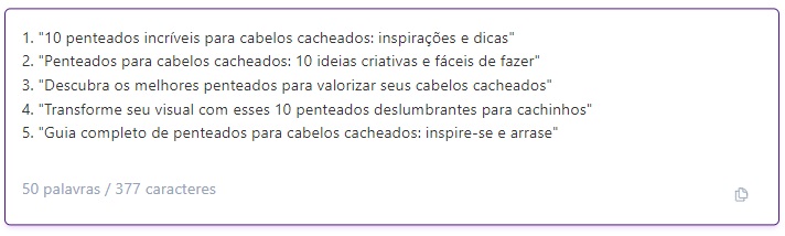 Print com 5 exemplos de títulos gerados pela Niara para o tema penteados para cabelo cacheado