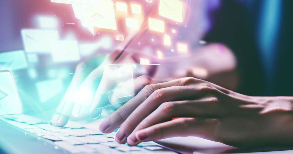 imagem gerada por ia de pessoa digitando no computador em 3d