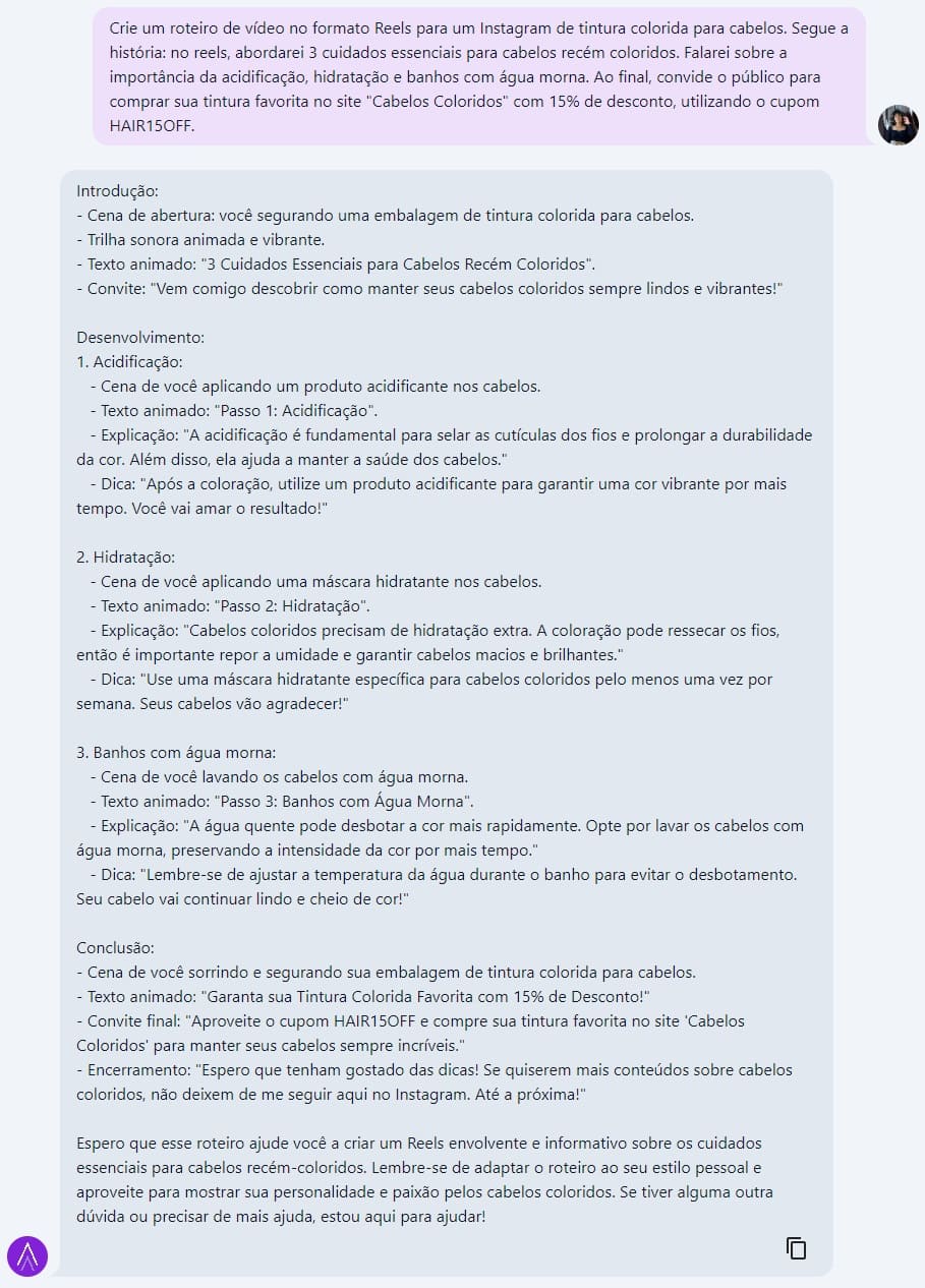 print mostrando resultado do chatseo com roteiro de video para reels do instagram sobre cuidados capilares