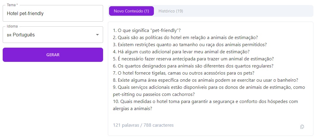 print de faq gerada pelo template de perguntas frequentes da niara sobre hotel pet friendly