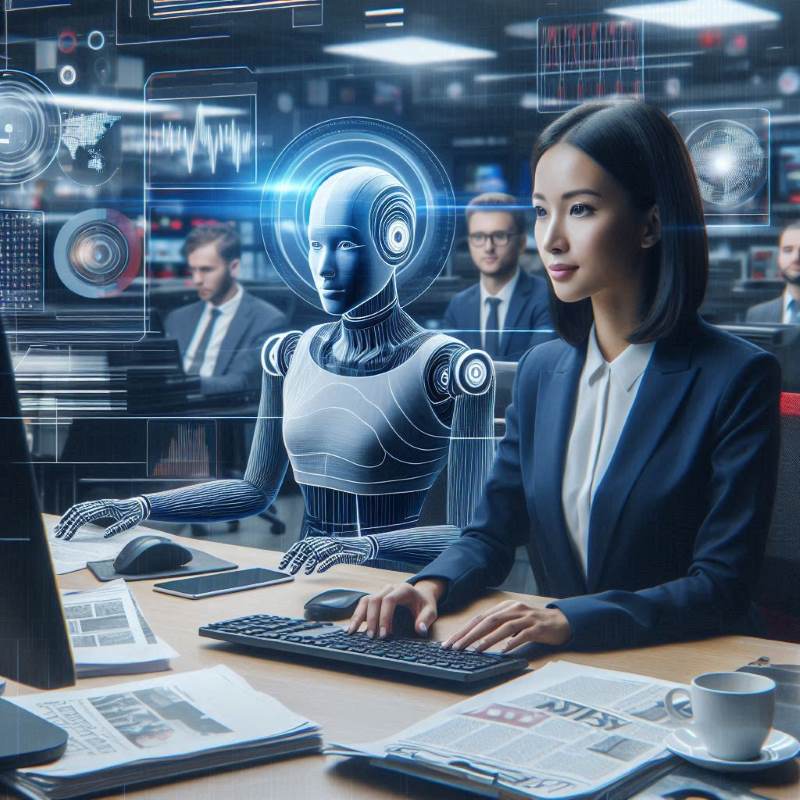 Jornalista e robô escrevendo a matéria. Imagem gerada pela IA do Copilot, do Bing.