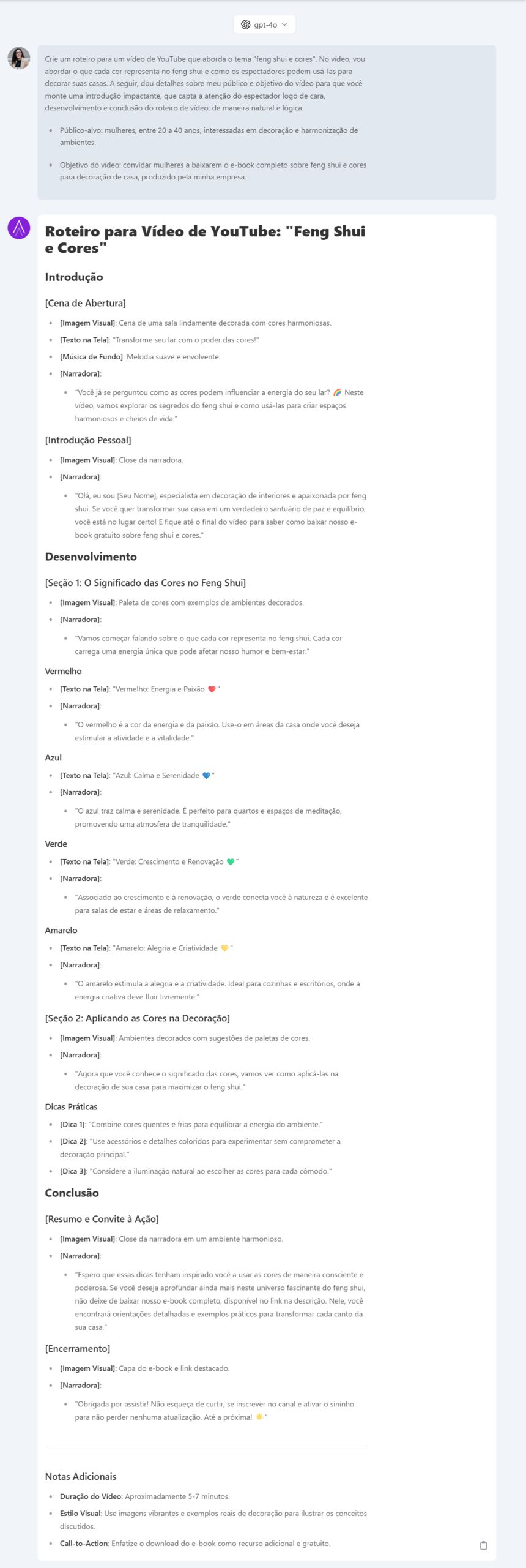 roteiro de vídeo de youtube gerado pela Niara
