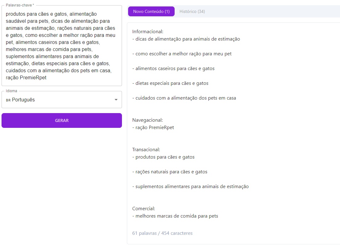 template da Niara separando palavras com base na intenção de busca