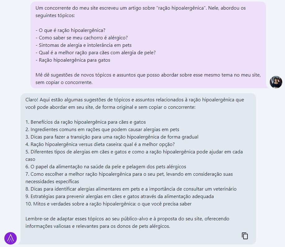 Print mostrando Niara sugerindo novos temas para evitar duplicação de conteúdo