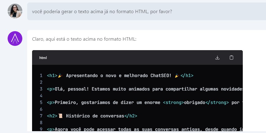 Print do resultado de código do novo ChatSEO
