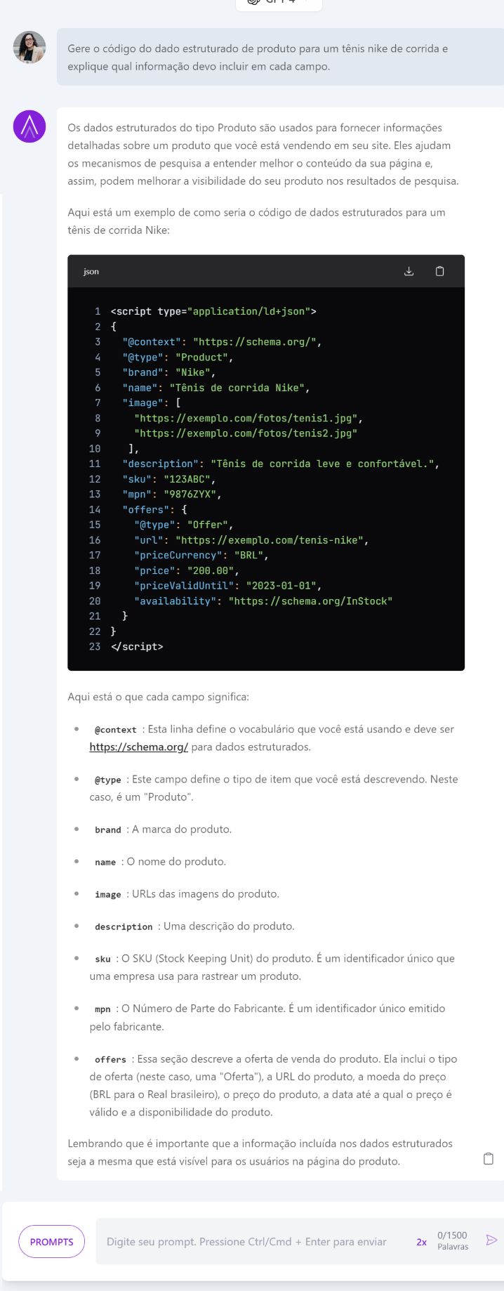 print de código de dados estruturados gerado pelo ChatSEO