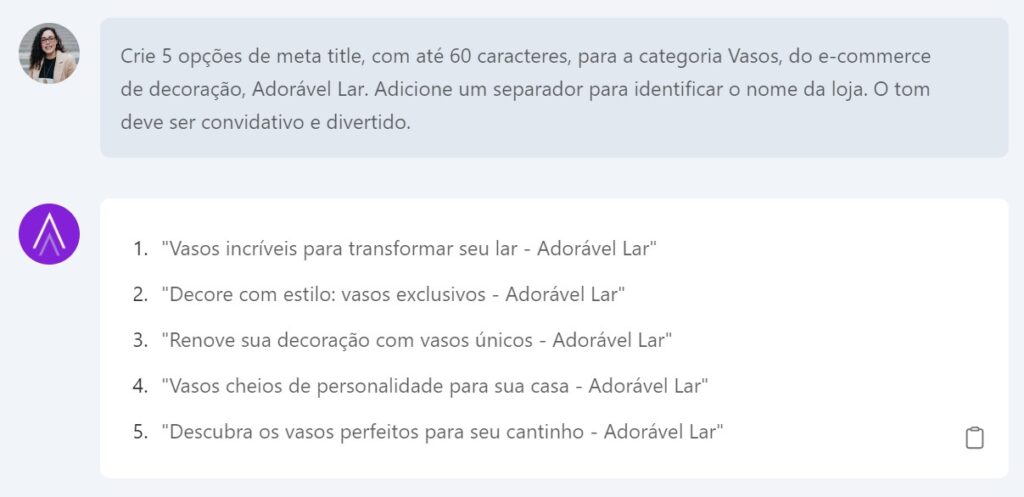 Resultado de meta title gerado pelo ChatSEO da Niara