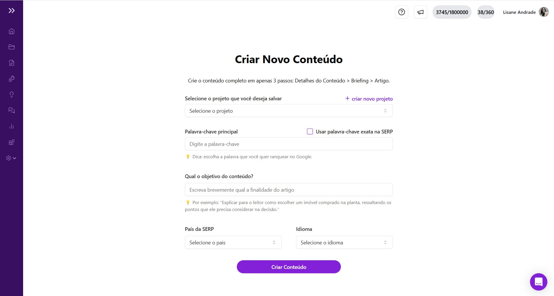 Print da tela de Detalhamento do Conteúdo, no Briefing SEO