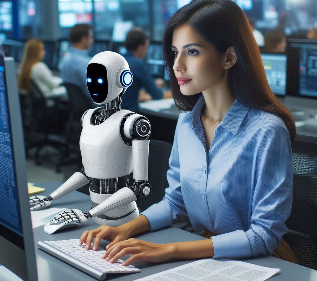 Jornalista utilizando a IA para ajudá-la a escrever a matéria. Imagem gerada pela IA do Copilot, do Bing.