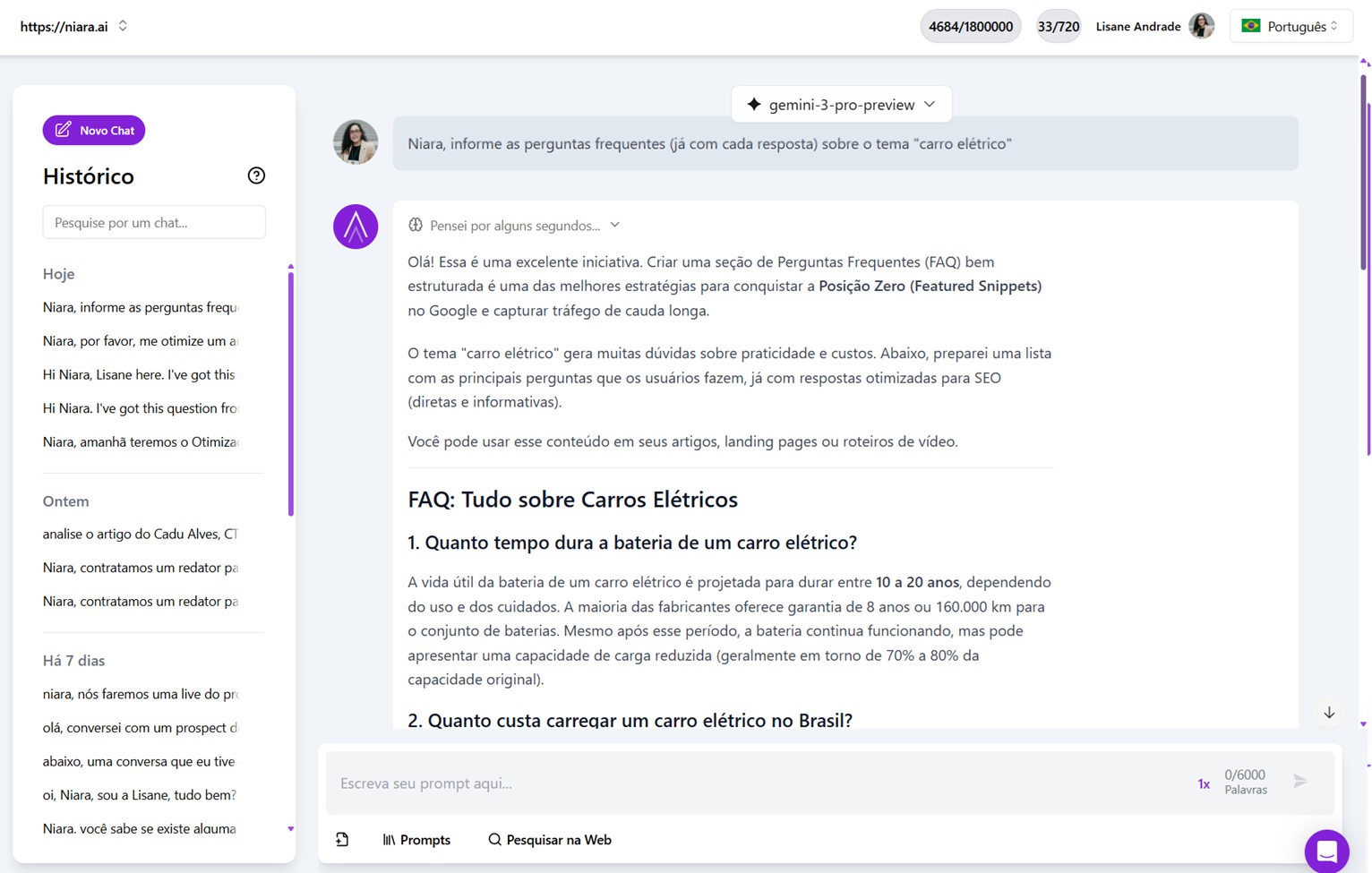ChatSEO da Niara com as perguntas frequentes sobre "carro elétrico"