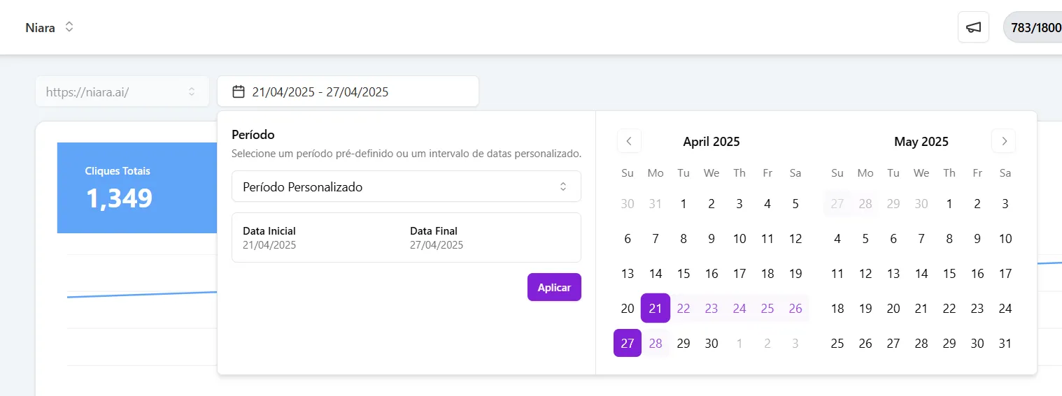 filtro de data personalizada do Search Analytics da Niara