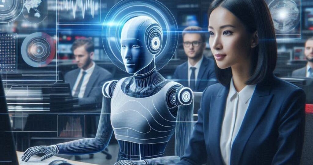 Jornalista e robô escrevendo a matéria.