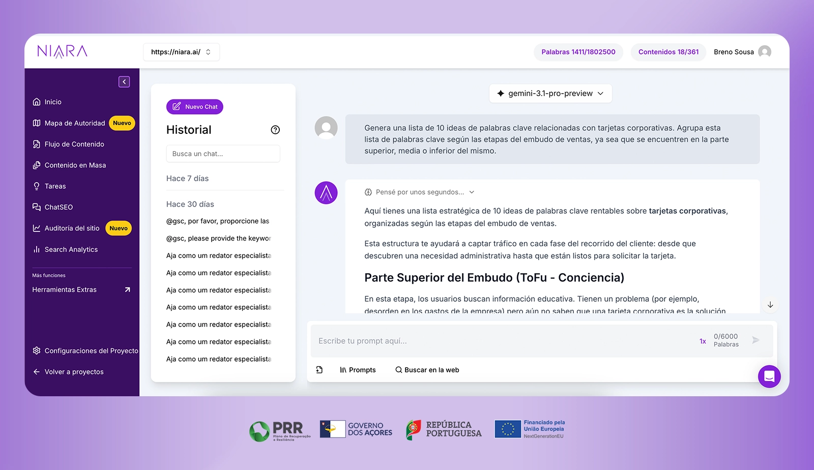 ChatSEO de Niara generando ideas de palabras clave