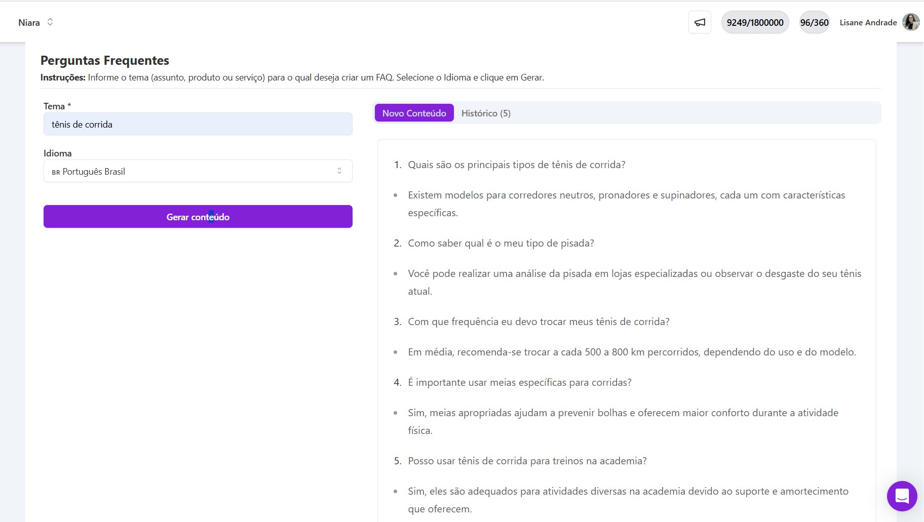 exemplo de perguntas e respostas sobre "Tênis de corrida"