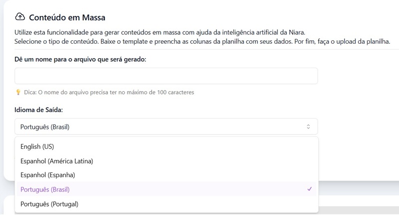 idiomas do recurso de Conteúdo em Massa da Niara