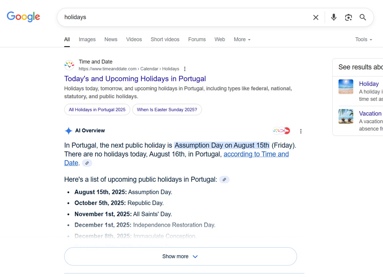 SERP Google AI Overview for Holidays