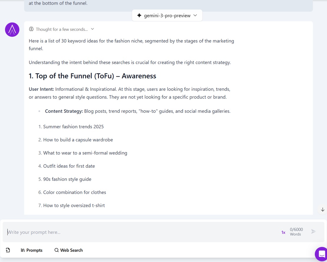 ChatSEO interface showing keyword research fashion niche