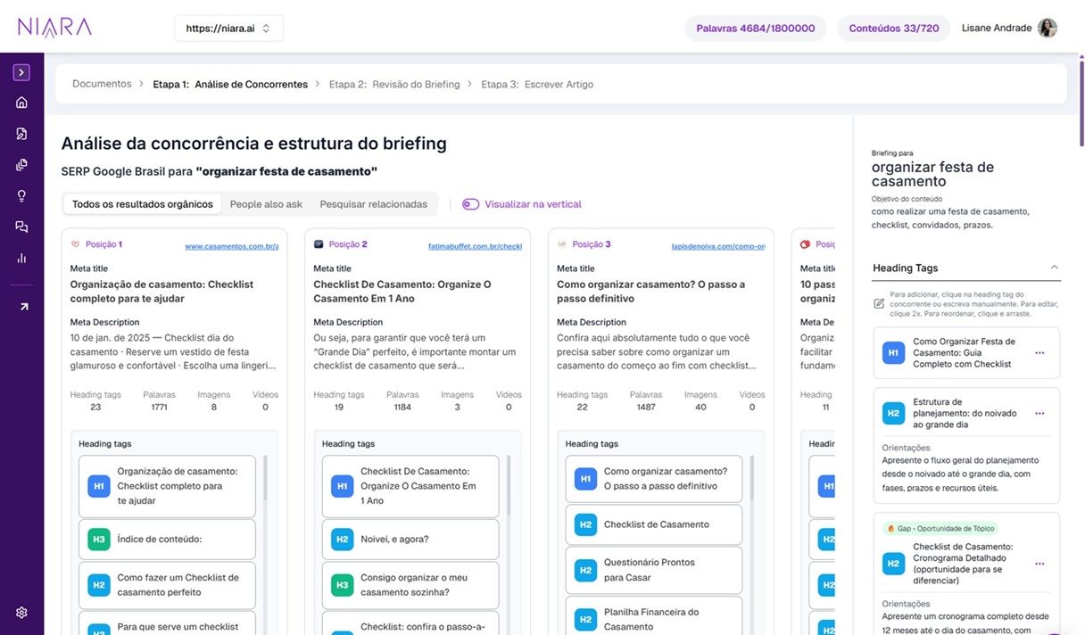 briefing SEO da Niara com o resultado para a palavra-chave "organizar festa de casamento"