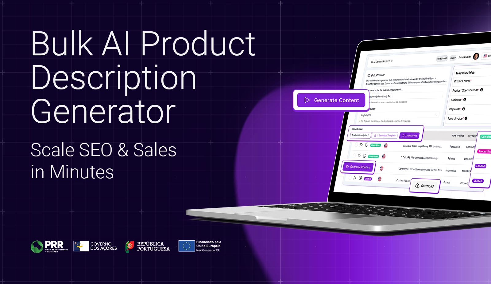 Promotional banner for Niara featuring a laptop with the AI bulk product description generator interface.