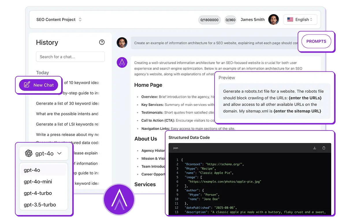 ChatSEO interface showing keyword research and code