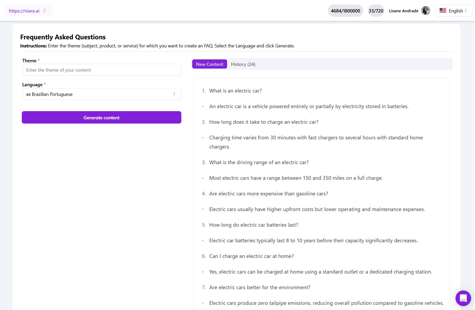 Niara FAQ generator showing frequent questions about electric cars