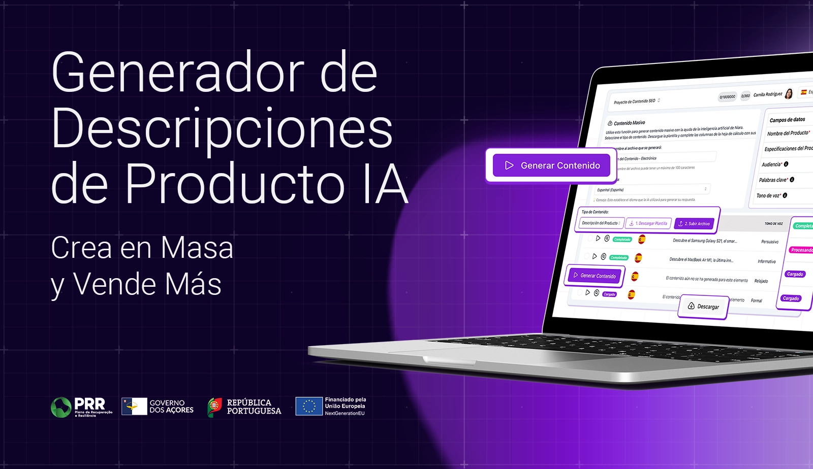 Banner promocional de Niara mostrando un portátil con la interfaz del generador de descripciones de producto con IA.