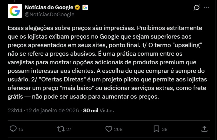 declaração do google sobre o campo de upselling do UCP