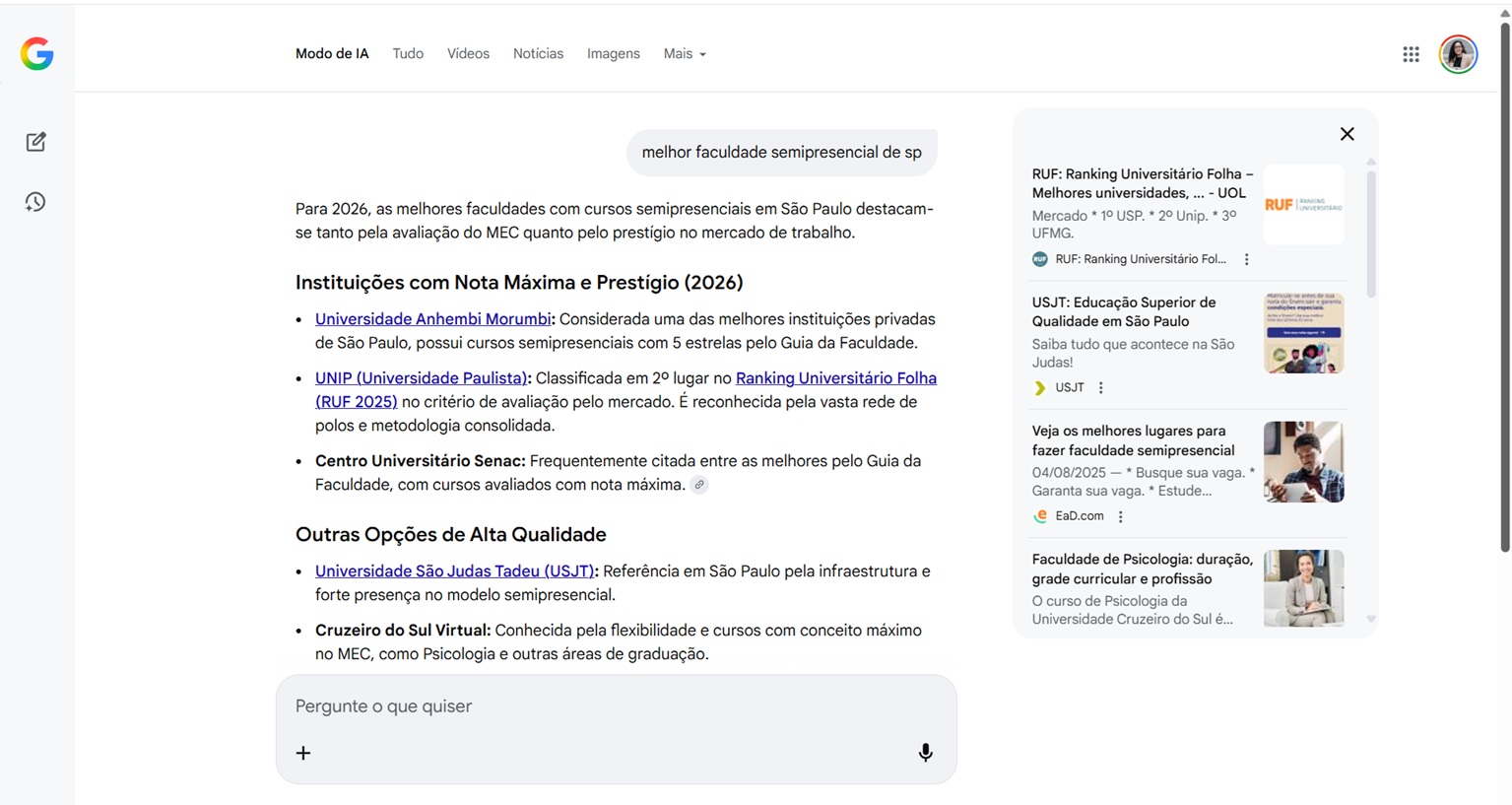Captura del resultado obtenido, universidades de la red Ânima apareciendo como referencia en Google AI Mode
