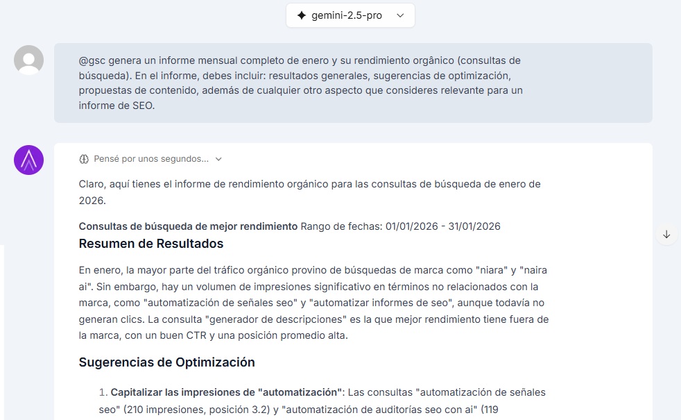Informe mensual de rendimiento orgánico solicitado en el ChatSEO de Niara.