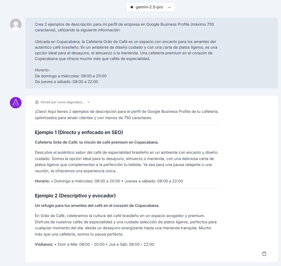 Sugerencias de descripciones para Google Business Profile generadas por Niara.
