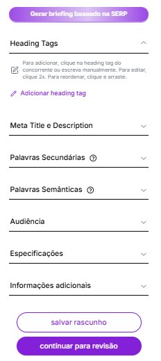Opções editáveis no painel do briefing no Fluxo de Conteúdo da Niara.